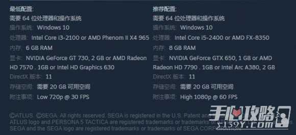 《女神异闻录5战略版（P5T）》最低配置/推荐配置是什么